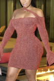 パープル ファッション セクシー ソリッド バックレス ホルター ドレス