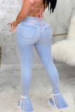 Baby Blue Sexy Solid Mid Waist Regular Flare Leg Ripped Denim Jeans