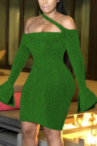 グリーンファッションセクシーなソリッドバックレスホルタードレス