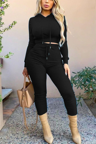 Black Casual Solid Patchwork Hooded Collar Long Sleeve Two Pieces