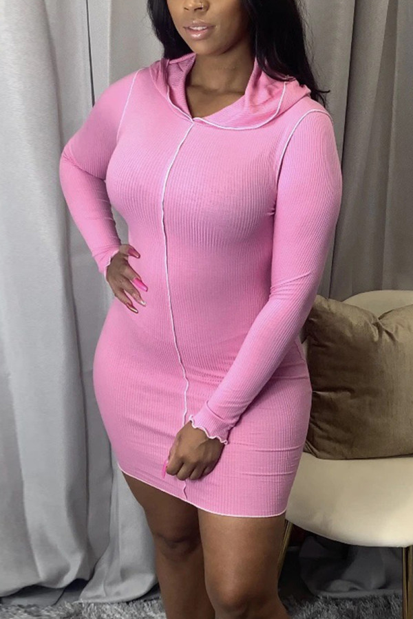 ピンク ファッション カジュアル 無地 ベーシック フード付き カラー ロング スリーブ ドレス