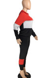 Red and black Sportswear Solid Patchwork Hooded Collar Long Sleeve Two Pieces