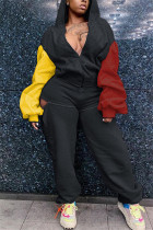 Dos piezas de cuello con capucha ahuecado de patchwork casual de moda negro