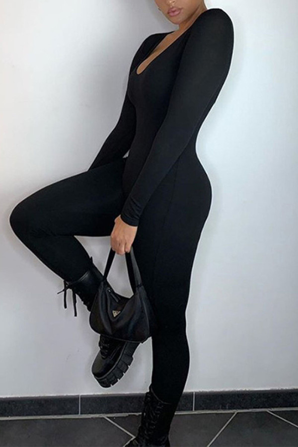 Schwarze Sportswear Solid Skinny Jumpsuits mit U-Ausschnitt