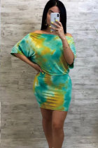 Yellow Sexy Fashion Off The Shoulder Half Sleeves One word collar Step Skirt Knee-Length Print Bl