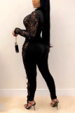 Macacão skinny preto fashion sexy sólido vazado transparente meia gola alta