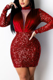 Red Sexy Adult Solid Sequins Patchwork O Neck Pencil Skirt Dresses