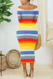 multicolor Sexig randig Bateau Neck Wrapped kjolklänningar