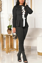 Zwart mode casual effen riem ontwerp O-hals lange mouw twee stukken