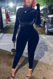 Donkerblauwe sexy skinny jumpsuits met plooien en plooien