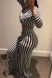 Black Sexy Striped Print Bateau Neck Long Sleeve Two Pieces