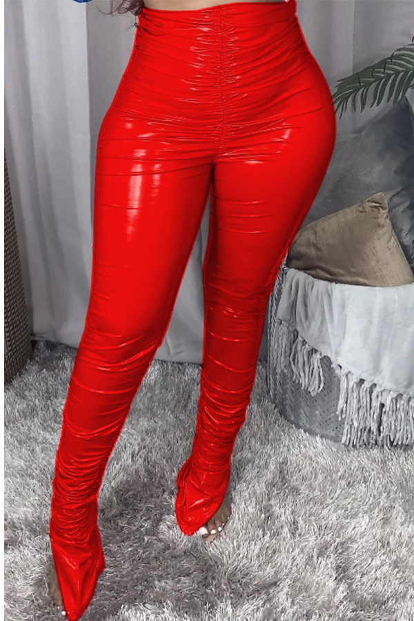 Rote, einfarbige Skinny-Hose mit Falten