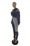 Peacock blue Casual Patchwork O Neck Long Sleeve Two Pieces