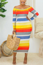 multicolore Sexy Striped Bateau Neck Wrapped Skirt Dresses