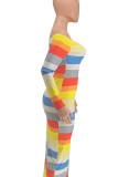 multicolor Sexig randig Bateau Neck Wrapped kjolklänningar