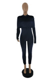 Black Sexy Solid Fold O Neck Skinny Jumpsuits