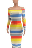 multicolor Sexy Striped Bateau Neck Wrapped Skirt Dresses