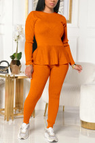 Orange Mode Casual Solid Strap Design O Neck Långärmad Två delar