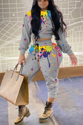 Grey Casual Print Hooded Collar Long Sleeve Two Pieces