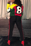 Красный Повседневная спортивная одежда С принтом Пэчворк Воротник-молния с длинным рукавом Из двух частей
