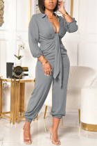 Grey Fashion Casual Solid Turndown Collar Regular Jumpsuits