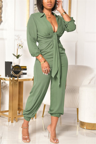 Green Fashion Casual Solid Turndown Collar Regular Jumpsuits