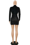 Black Sexy Adult Solid Sequins Patchwork O Neck Pencil Skirt Dresses