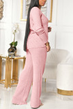 Pink Fashion Casual Solid Basic V-Ausschnitt Langarm Zweiteiler