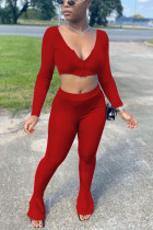 Roter Sportswear-Zweiteiler mit einfarbigem Patchwork und langen Ärmeln und V-Ausschnitt