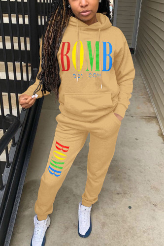 Khaki British Style Print Hooded Collar Long Sleeve Regular Sleeve Regular Two Pieces