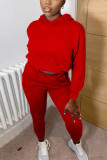 Colarinho com capuz sólido vermelho casual manga longa duas peças
