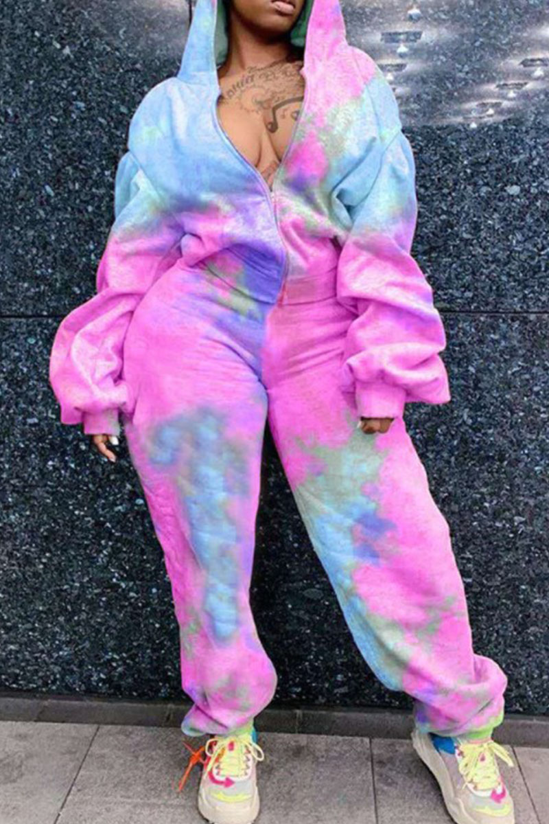 

purple Sexy Casual Print Tie Dye Patchwork Hooded Collar Plus Size