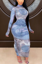 Голубые платья-юбка-карандаш длиной до щиколотки с круглым вырезом и принтом из спандекса и длинными рукавами