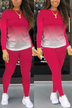 rosa röd Mode Casual vuxen fru Solid Gradient Tvådelad Kostym Penna Långärmad Tvådelad