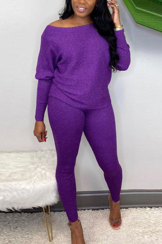 purple Sexy Solid Bateau Neck Long Sleeve Two Pieces