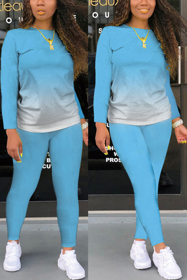 Светло-голубой модный повседневный взрослый мэм однотонный градиентный костюм из двух предметов карандаш с длинным рукавом из двух предметов