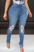 Jeans skinny azul fashion com rasgo e cintura média