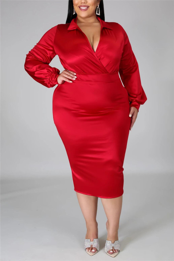 Conjunto de talla grande con cuello vuelto básico sólido sexy de moda roja