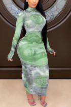Светло-зеленые платья-юбка-карандаш длиной до щиколотки с круглым вырезом и принтом из спандекса и длинными рукавами