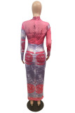 Red Spandex Print O Neck Long Sleeve Ankle Length Pencil Skirt Dresses