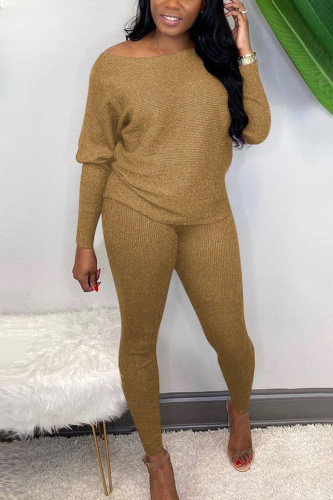 Khaki Sexy Solid Bateau Neck Long Sleeve Two Pieces