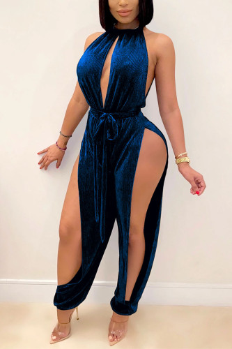 Blue Sexy Solid Bandage Slit Jumpsuits