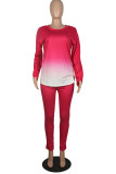 Rose Red Fashion Casual Erwachsene Ma'am Solid Gradient Two Piece Suits Pencil Long Sleeve Two Pieces