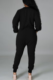 黒のセクシーなソリッドポケットVネックストレートジャンプスーツ