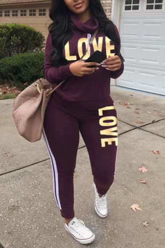 Fuchsia Fashion Casual Turtleneck Long Sleeve Regular Sleeve Letter Print Plus Size Set