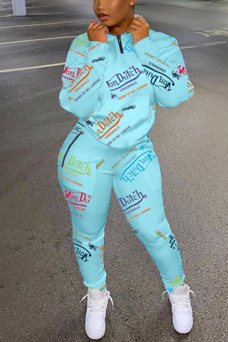 

Sky Blue Sportswear Letter Print Zipper Collar Long Sleeve Two Pieces