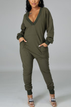 Army Green Sexy Solid Pocket V-Ausschnitt Straight Jumpsuits