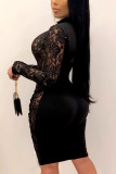 Vestidos de falda envueltos con cuello en O de patchwork liso sexy negro