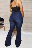 Deep Blue Fashion Casual Solid Plus Size High Waist Jeans