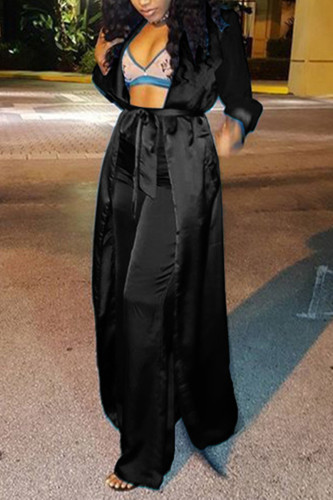 Black Fashion Casual Solid Cardigan Long Sleeve Two Pieces